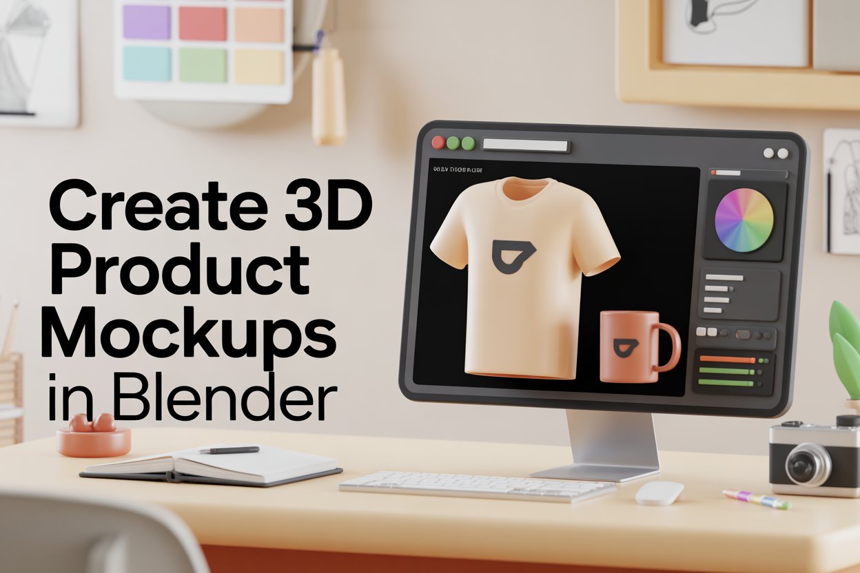 3D product mockup of a T-shirt and mug created in Blender with realistic lighting